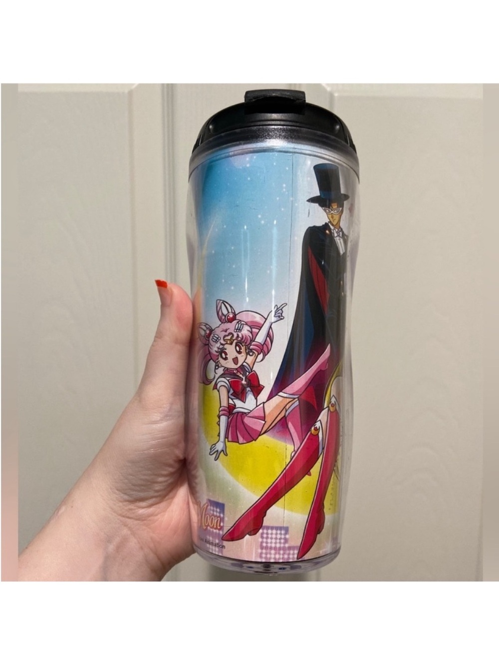 Sailor Moon Themed Double-Wall Travel Tumbler with Black Lid - Pink & Yellow - Picture 2 of 6